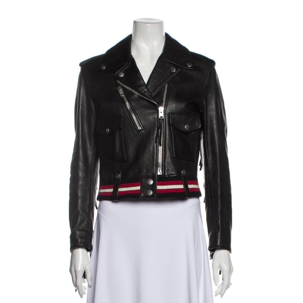 Coach 1941 Women’s XS/2 Black 100% Calf Leather Biker Moto Jacket Striped Fringe - Picture 2 of 5